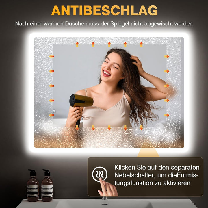 80x60 cm LED Badspiegel mit Beleuchtung – Dimmbare, Antibeschlag, 3 Lichtfarben, IP44, Speicherfunkt