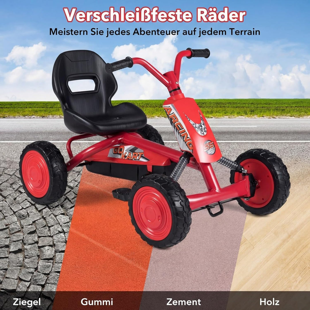 DREAMADE Kinder Go Kart, Gokart mit einstellbarem Sitz & Rückenlehne, Tretfahrzeug mit Vorwärts- & R