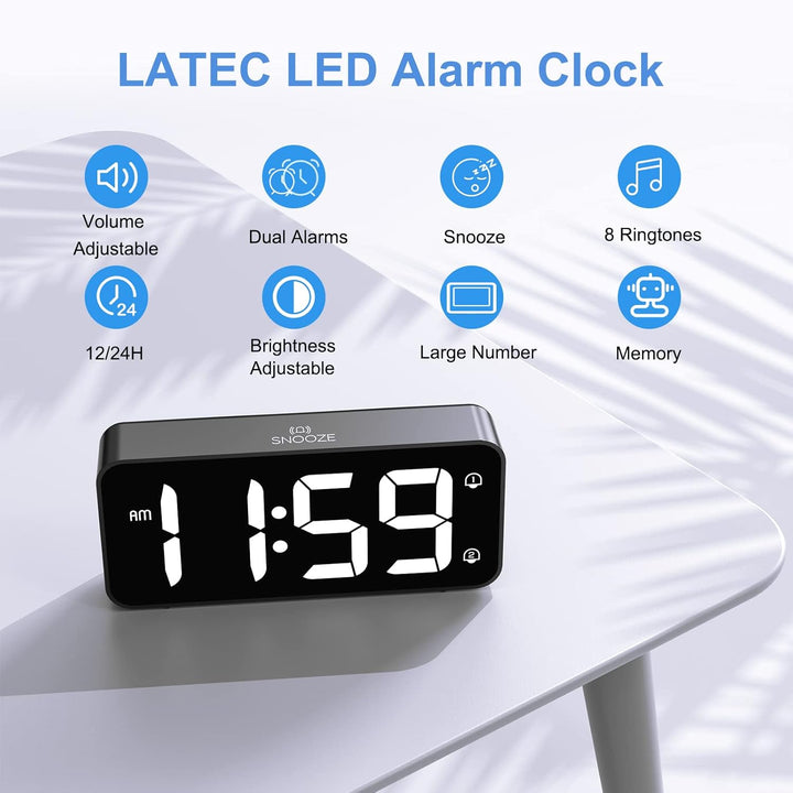 LATEC LED Digitaler Wecker mit 2 Alarme Snooze, Digital Uhr mit USB-Ladeanschluss, 0–100% Helligkeit