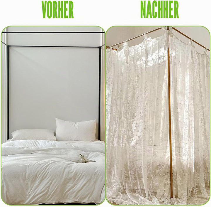 Himmelbett-Vorhänge, dreifach zu öffnender Spitzen-Prinzessinnen-Betthimmel, 4 Eckpfosten-Hängevorhä