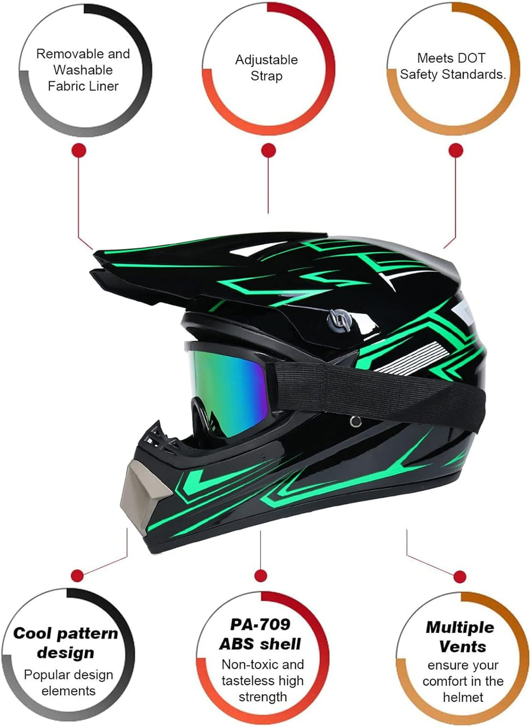 UIGJIOG Downhill Motorradhelm Kinder, Helm Set Herren ATV Motorradhelm D.O.T Zertifizierter Helm Mit