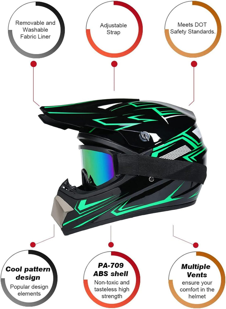 UIGJIOG Downhill Motorradhelm Kinder, Helm Set Herren ATV Motorradhelm D.O.T Zertifizierter Helm Mit
