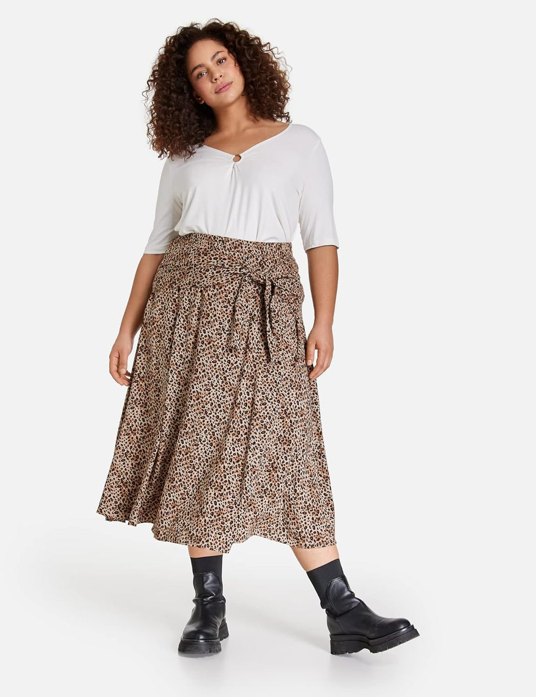 Samoon Damen Midirock mit Knoten-Detail aus EcoVero Viskose Animal-Print wadenlang 56 Light Tannin B