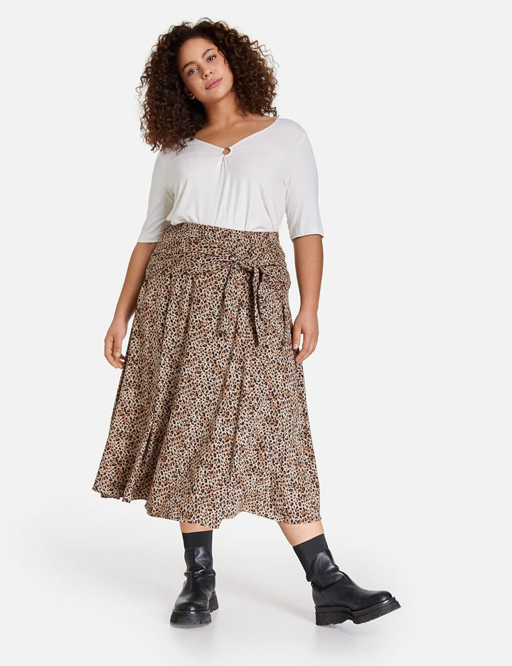 Samoon Damen Midirock mit Knoten-Detail aus EcoVero Viskose Animal-Print wadenlang 56 Light Tannin B