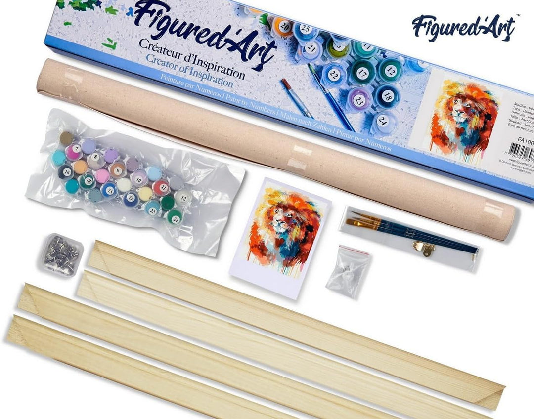 Figured'Art Malen Nach Zahlen Erwachsene Mit Rahmen Bunter Löwe - Paint by Numbers Basteln DIY Baste