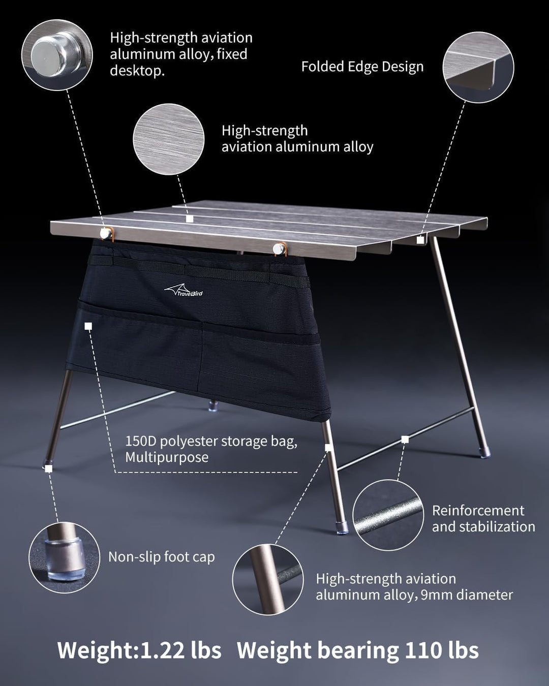 Tragbarer Campingtisch, Faltbar Aluminium Klapptisch mit Tasche, Ultraleichter Outdoor Falttisch, Be