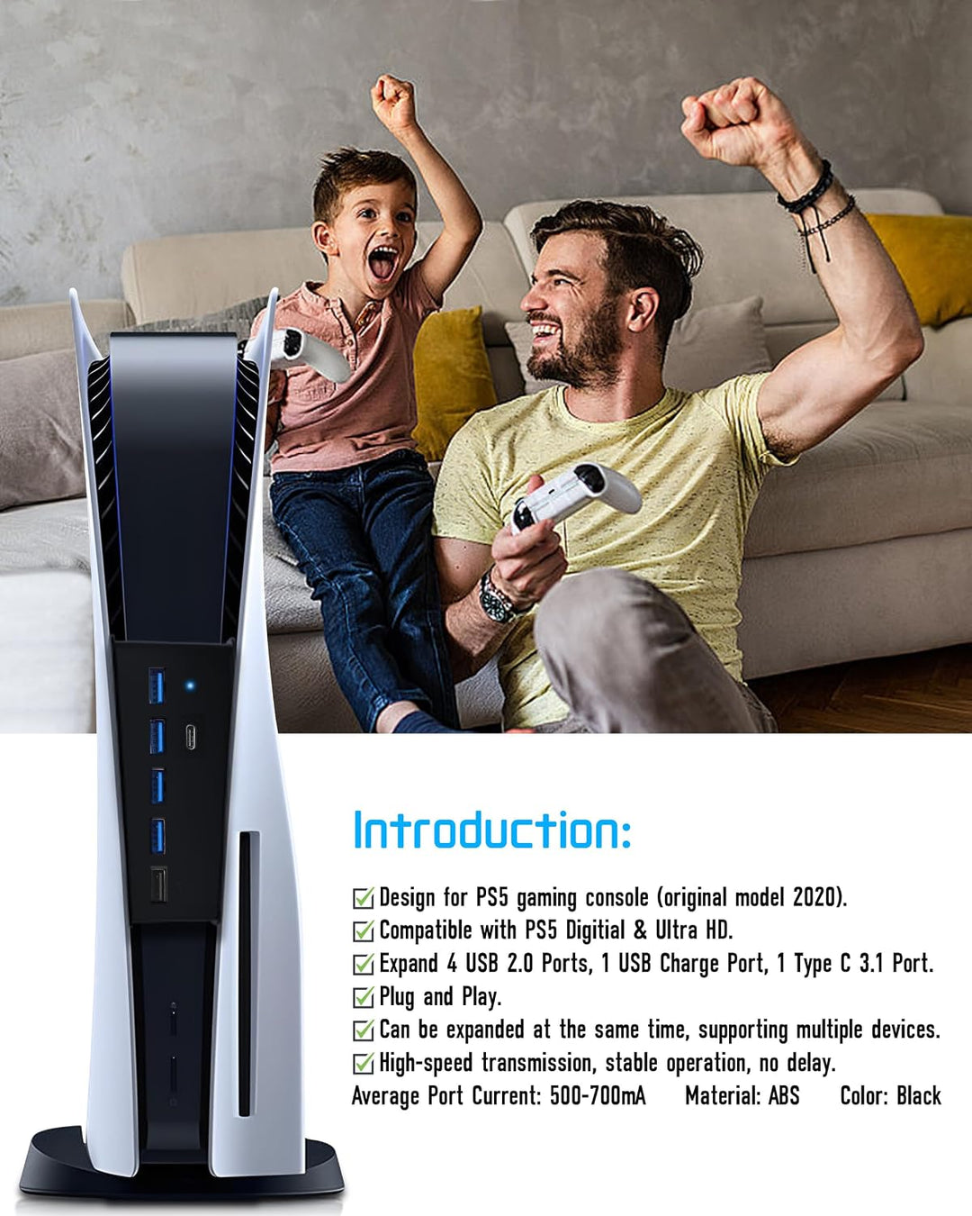 5-Port USB Hub für PS5 Konsole, Arvin USB 3.1 Schnelle Geschwindigkeit Laden Ladeadapter mit 4 USB-2