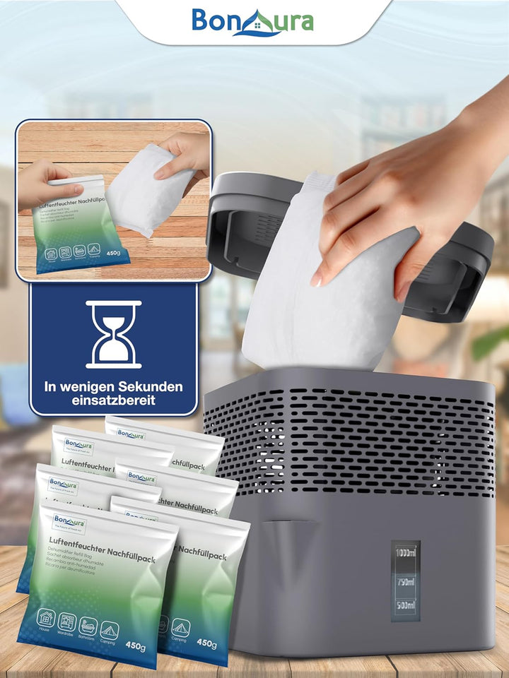 BonAura® AirOne Lite Luftentfeuchter Nachfüllpack I 6er Set 450g Luftentfeuchter Granulat I Entfeuch