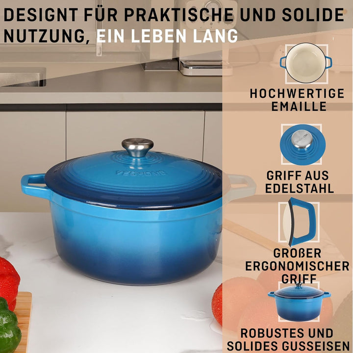 VeoHome Gusseisentopf 6L | Bräter | Gusseisen Topf Blau - Schmortopf |Bratentopf | Bratpfanne | Koch