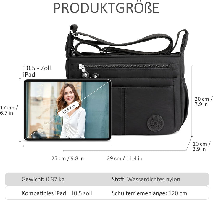 DIRRONA Umhängetasche Damen Gross - Leicht Wasserdicht Nylon Handtasche Damen Mit Vielen Fächern Sch