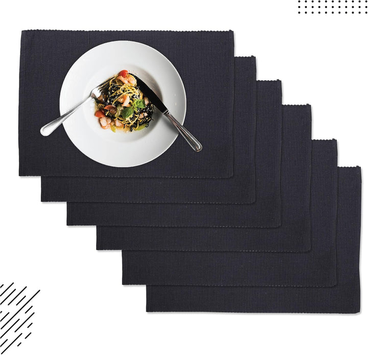 Encasa XO Platzsets Esstisch Set von 6 | Fest grau | Fein gerippte Baumwoll-Tischunterlage | Grösse