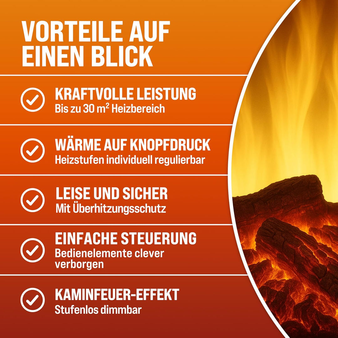 Elektrokamin Elektrischer Kamin mit Heizung LED Kaminfeuer Effekt Heizer Ofen 2000W 60 x 28 x 50cm w