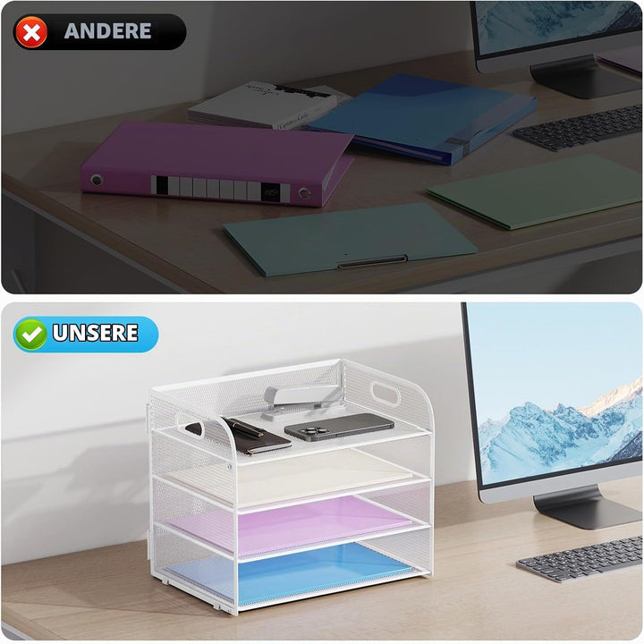Marbrasse Schreibtisch Ablagen Organizer,4-Stufige Brief Papier Ablage mit Griff,Metall Gitter Desig