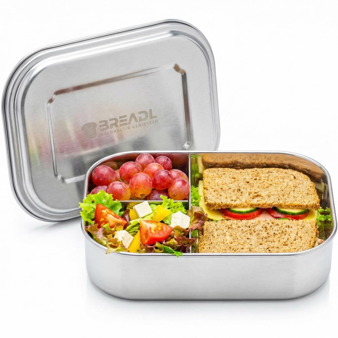 Edelstahl Brotdose, Feste Trennwand und 3 Fächer, Plastikfrei, Rostfrei, Spülmaschinengeeignet, Gros
