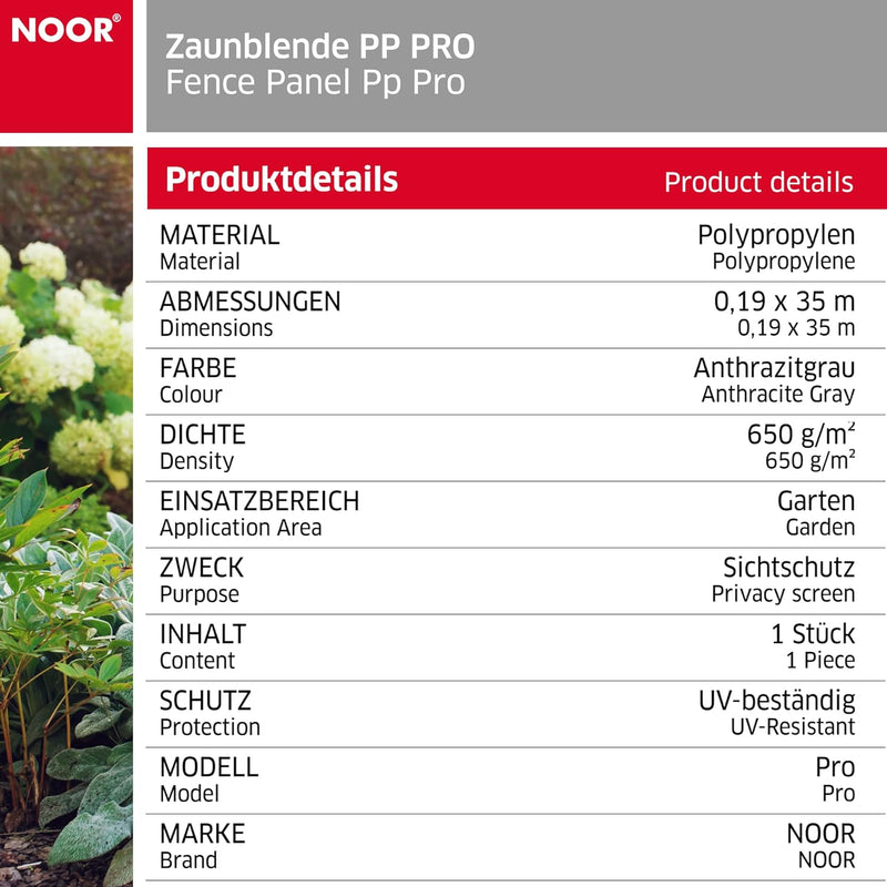 NOOR Zaunblende PP PRO 650 g/m2 Anthrazitgrau I 0,19 x 35 m I Der ideale Sichtschutz für Ihren Doppe