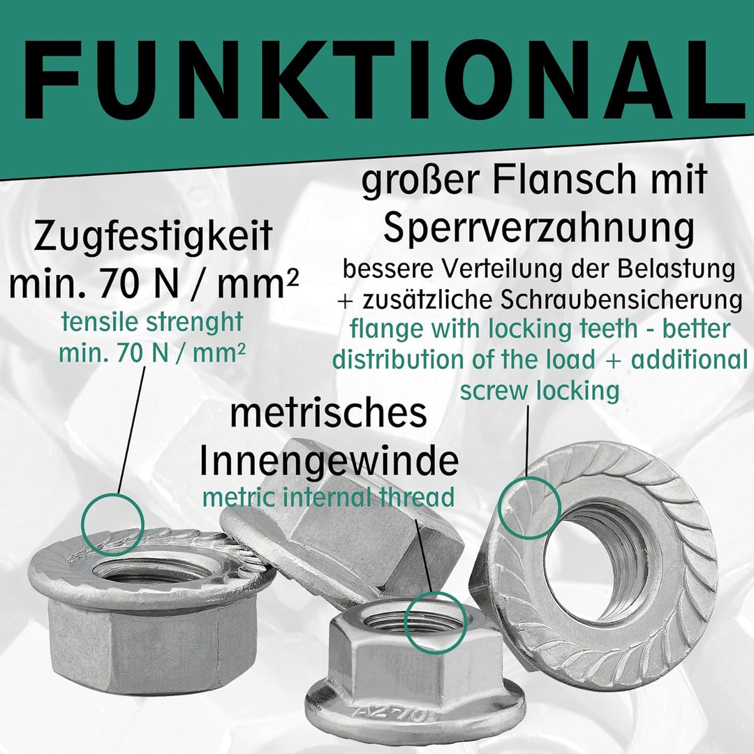 Flanschmutter mit Sperrverzahnung nach DIN 6923 / Edelstahl A2, V2A / Sechskantmutter mit Flansch un