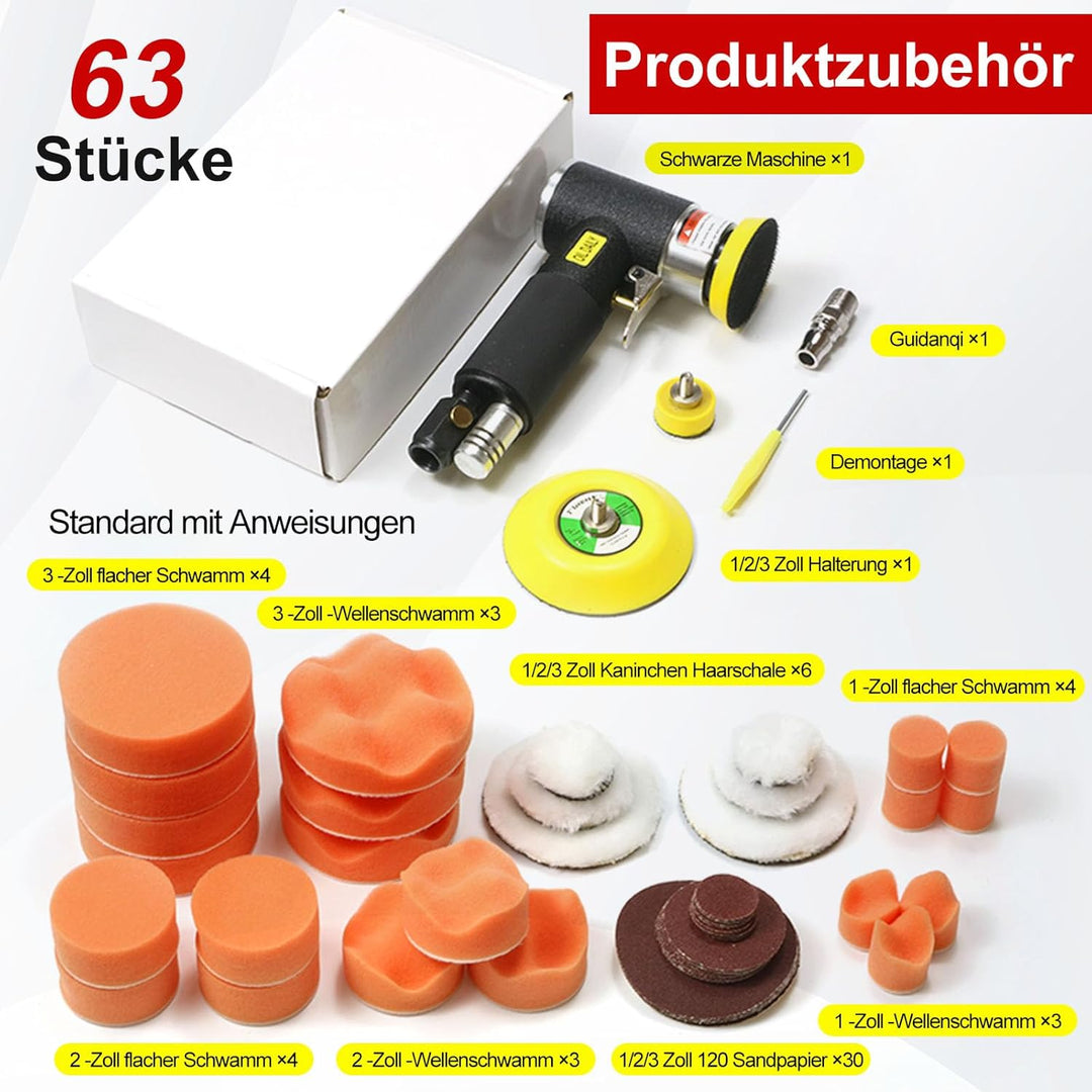 63 in 1 Druckluft Exzenterschleifer Mini Poliermaschine Auto Polierer Set, Exzenter Schleifer Druckl