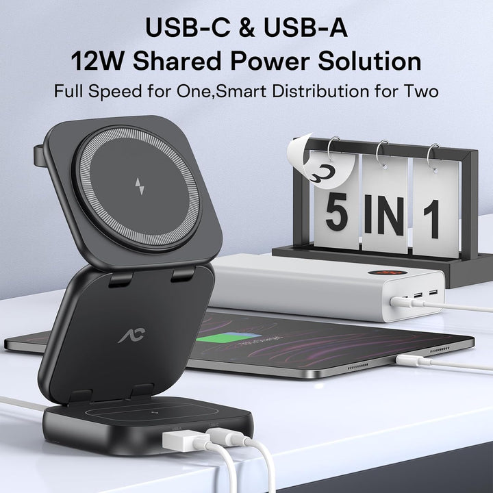 AC Island 5 in 1 iPhone Ladestation kompatibel mit Mag-Safe Ladegerät, Qi2 Faltbar Reisen Wireless C