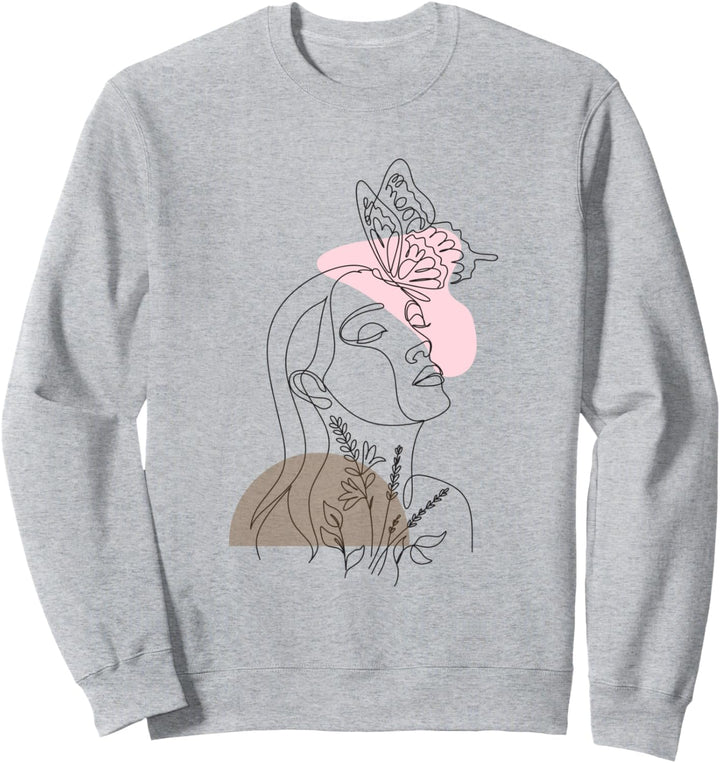 Line Art Abstraktes Minimalistisches Frauengesicht mit Schmetterling Sweatshirt