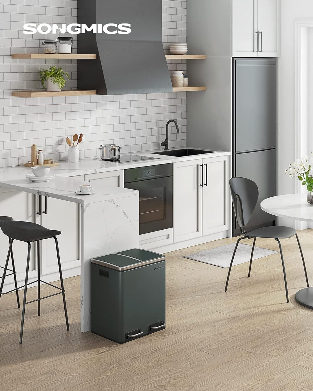 SONGMICS Mülleimer Küche, 2 x 15 L, Mülltrennsystem, Abfalleimer aus Metall, Treteimer mit Inneneime