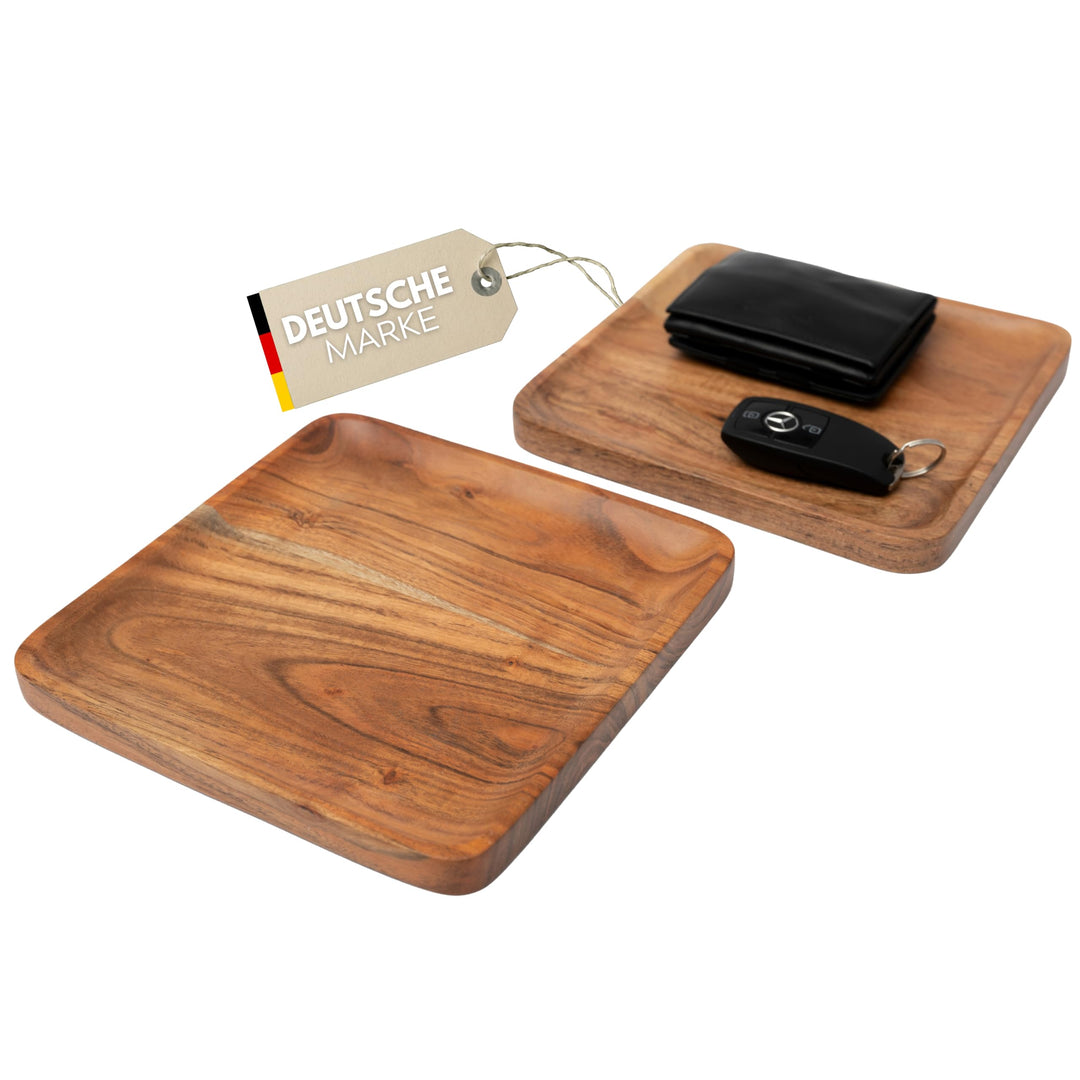 Holztablett Viereckig aus Akazie - 2er Set 20 x 20 cm Gross/Dekotablett Holz Rechteckig/Holzbrett Sc