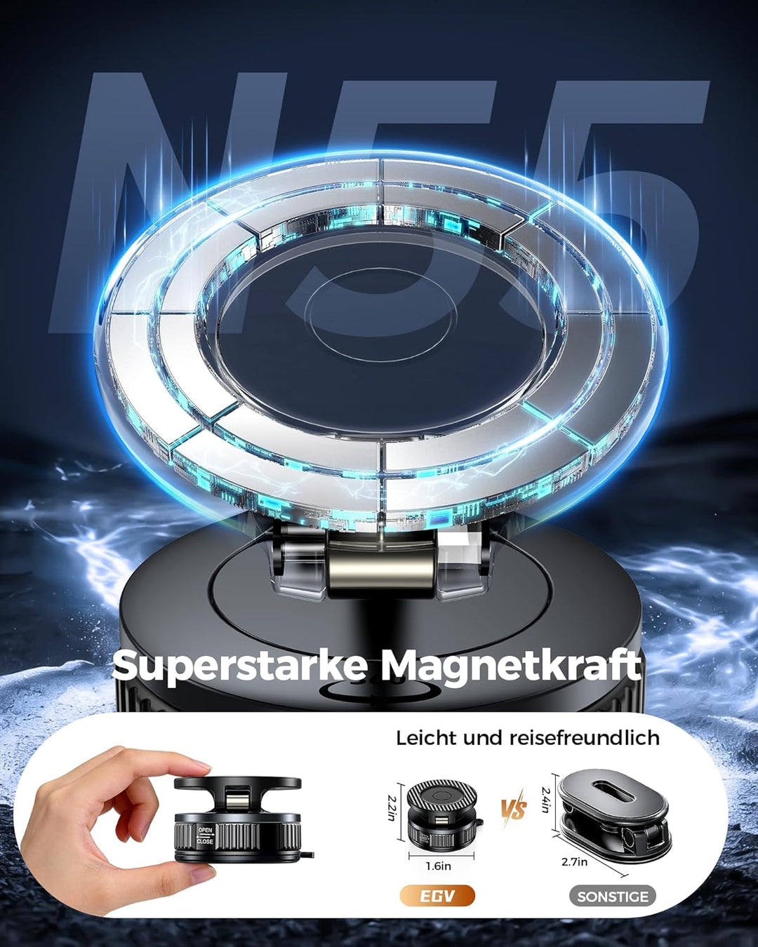 EGV Handyhalterung Auto Magnet – Upgraded Vakuum Saugnapf KFZ Magnethalterung, 360°Drehbar, Kompatib