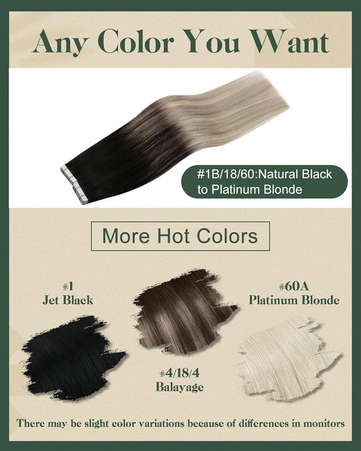 Ugeat Tape Extensions Echthaar Platinblond Ombre 40 cm Ombre Echthaar Extensions Tape Naturschwarz O