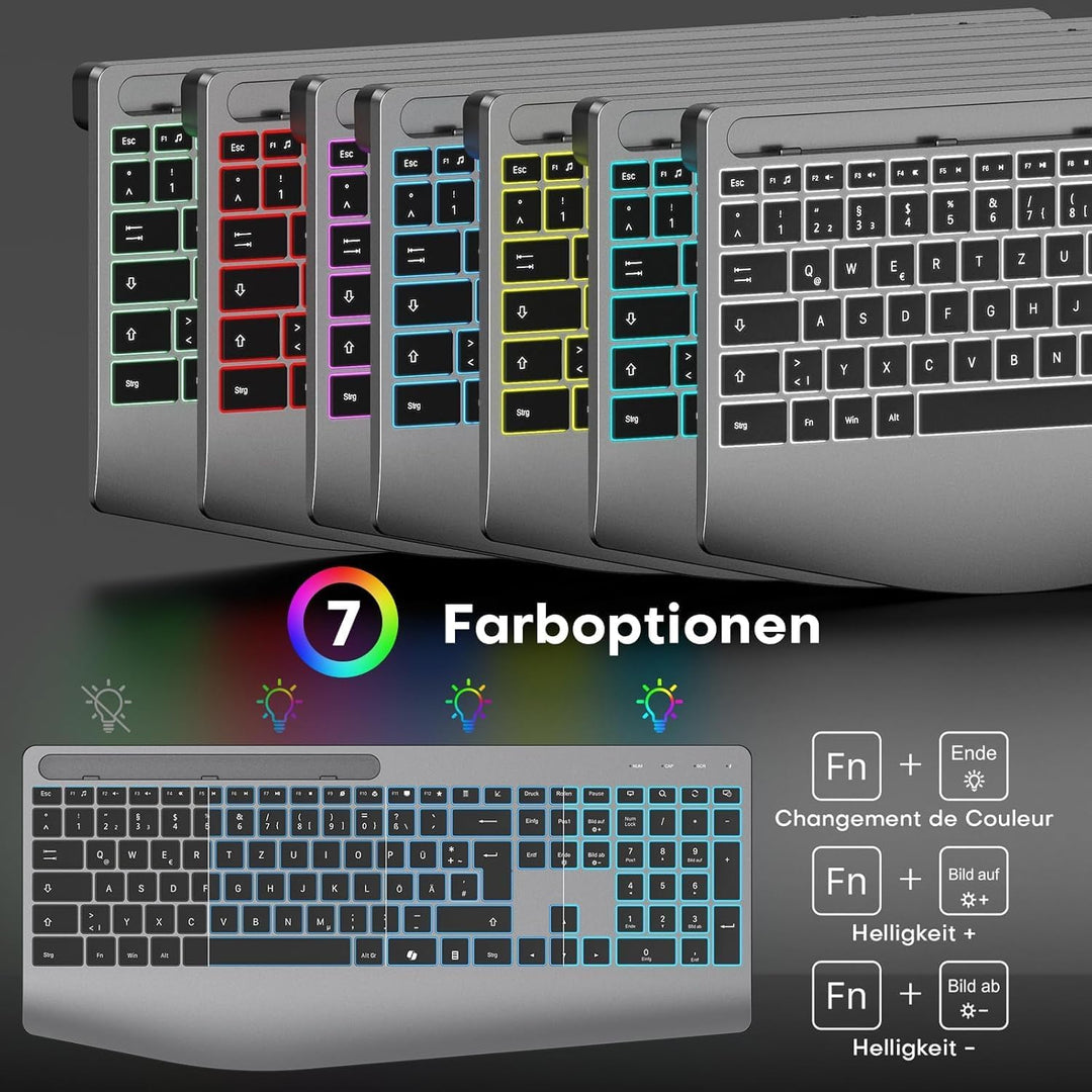 OMOTON Kabellose Tastatur und Maus Set – 2,4GHz Ergonomische Tastatur Beleuchtet mit Handballenaufla