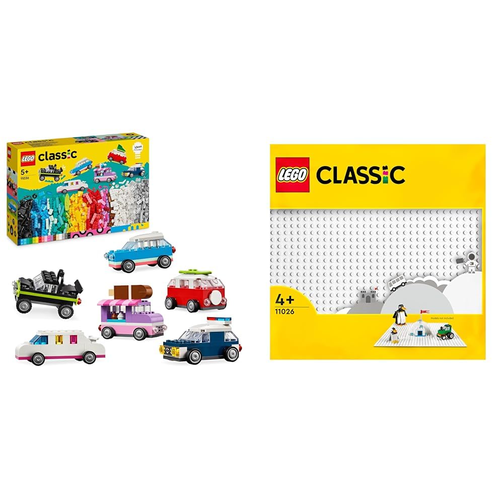 LEGO Classic Kreative Fahrzeuge, Bausteine-Set für Bunte Modellautos & Classic Weisse Bauplatte, qua