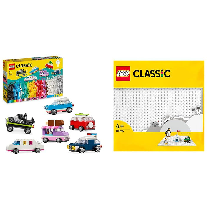 LEGO Classic Kreative Fahrzeuge, Bausteine-Set für Bunte Modellautos & Classic Weisse Bauplatte, qua