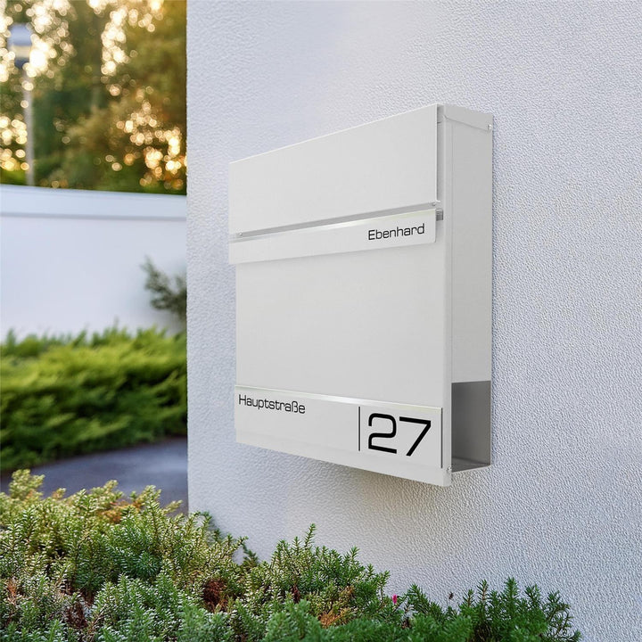 Metzler Briefkasten Weiss - Postkasten mit individueller Laser Gravur - RAL9016 Verkehrsweiss - Wand