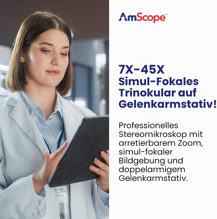 AmScope SM-4NTP Simul-Fokales Stereo Lockable Zoom Mikroskop auf Doppelarm-Auslegerständer, 7X-45X,