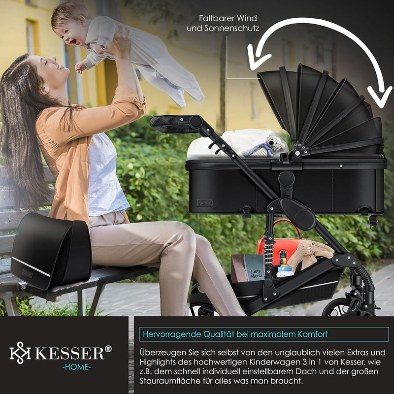 KESSER® Loops 3 in 1 Kinderwagen Kombikinderwagen Komplett-Set inkl. Babywanne & Buggy Sportsitz & A