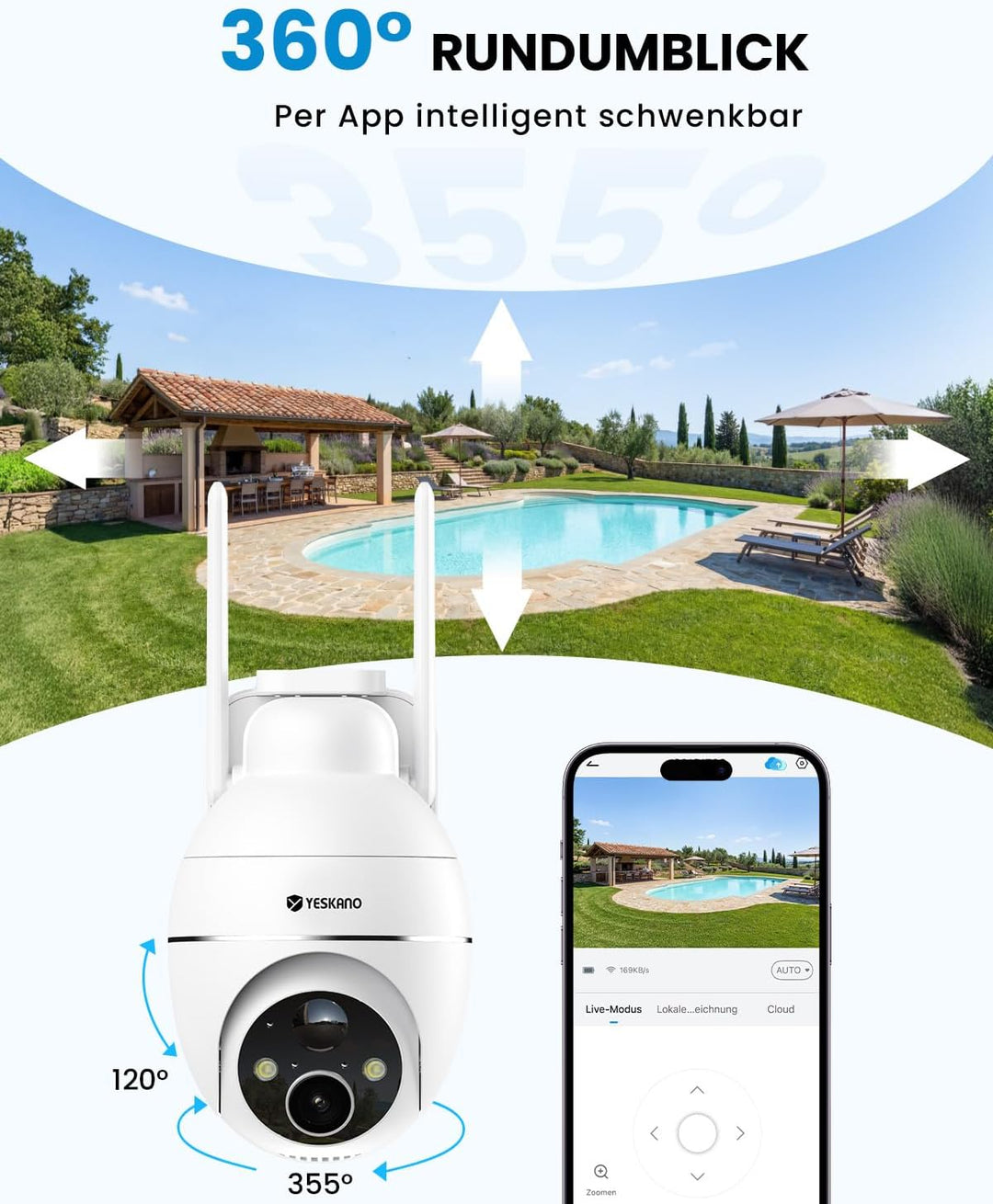 2K Überwachungskamera Aussen Akku Solar, Kabellos 2,4GHz WLAN Outdoor Kamera, 360° PTZ Kamera Überwa