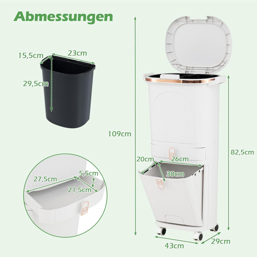 COSTWAY Mülleimer Küche, Mülltrennsystem 3 Fächer, 2 x 12L Inneneimer & 14L Treteimer, Abfalleimer m