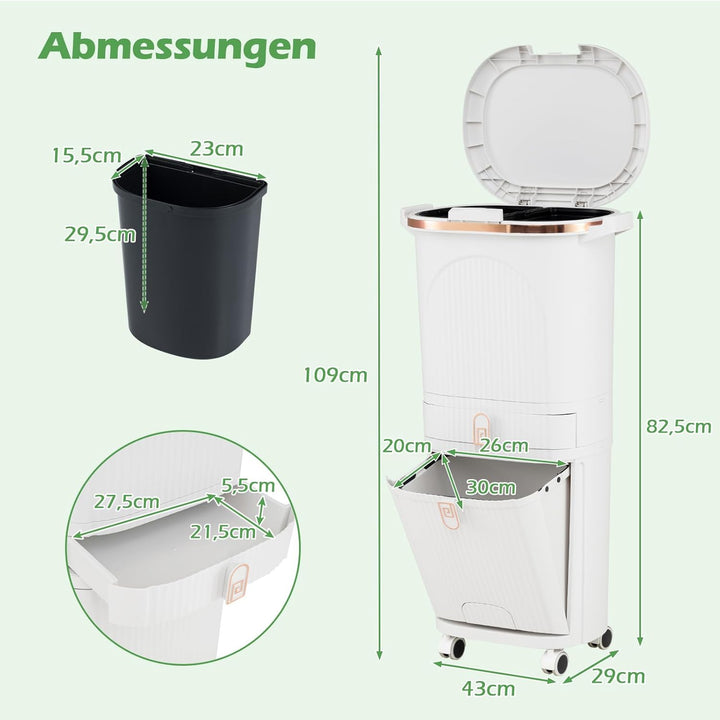 COSTWAY Mülleimer Küche, Mülltrennsystem 3 Fächer, 2 x 12L Inneneimer & 14L Treteimer, Abfalleimer m