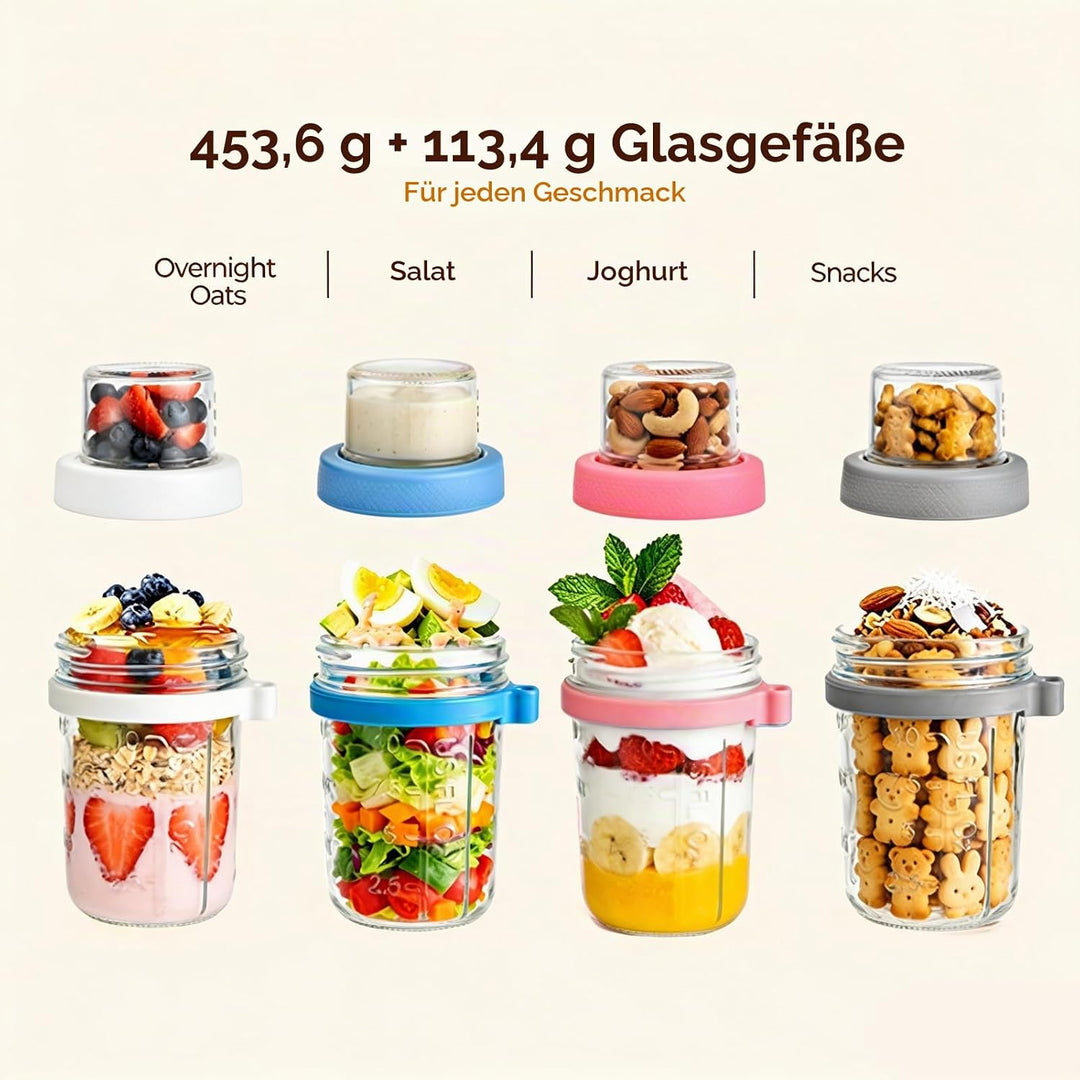 VITEVER 4er Overnight Oats Gläser, 16 oz Doppelwandige Joghurt-Parfait-Becher mit Deckel, Glasbehält