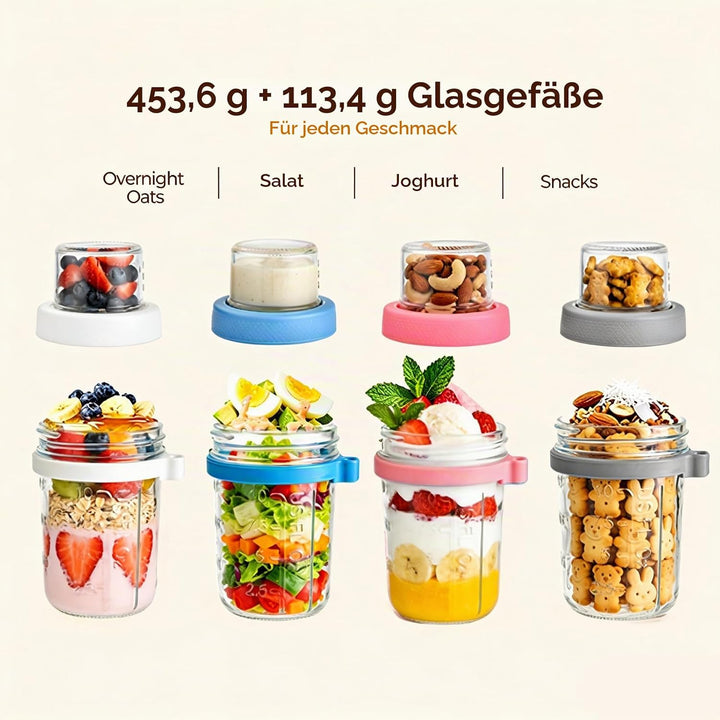 VITEVER 4er Overnight Oats Gläser, 16 oz Doppelwandige Joghurt-Parfait-Becher mit Deckel, Glasbehält