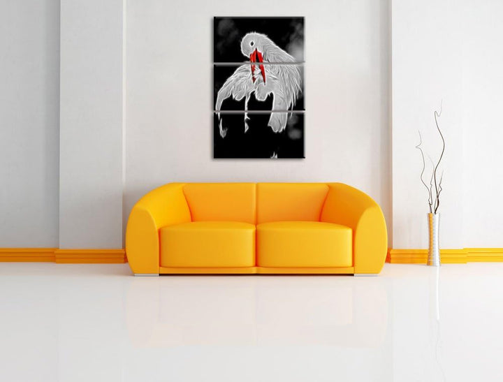 Dark anmutiger grosser Storch putzt sich schwarz/weiss Deluxe 3-Teiler Leinwandbild 120x80 Bild auf