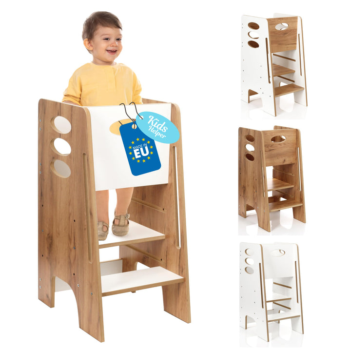 Kitchen Kids Helper Lernturm ab 1 Jahr - Höhenverstellbarer Lernturm Montessori Eiche-Weiss 80cm - S