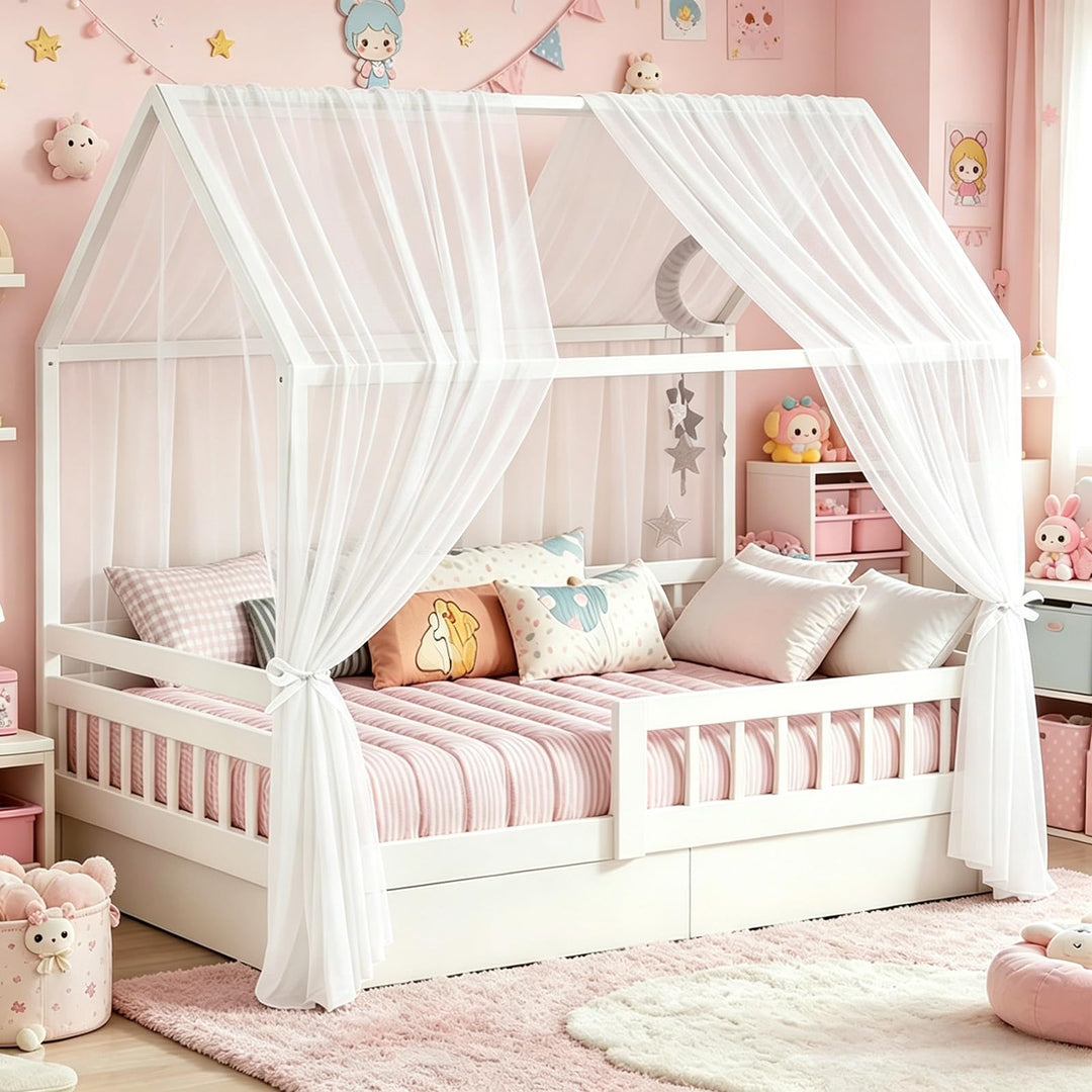Weiss Hausbett Himmel, 2 Stück Betthimmel Hausbett 150 x 350 cm, Himmelbett Vorhänge für Mädchen & J