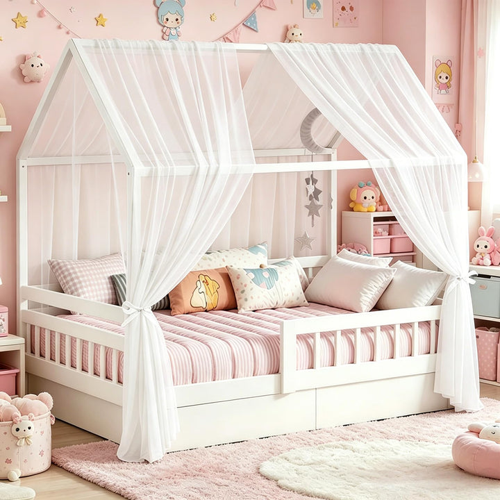 Weiss Hausbett Himmel, 2 Stück Betthimmel Hausbett 150 x 350 cm, Himmelbett Vorhänge für Mädchen & J
