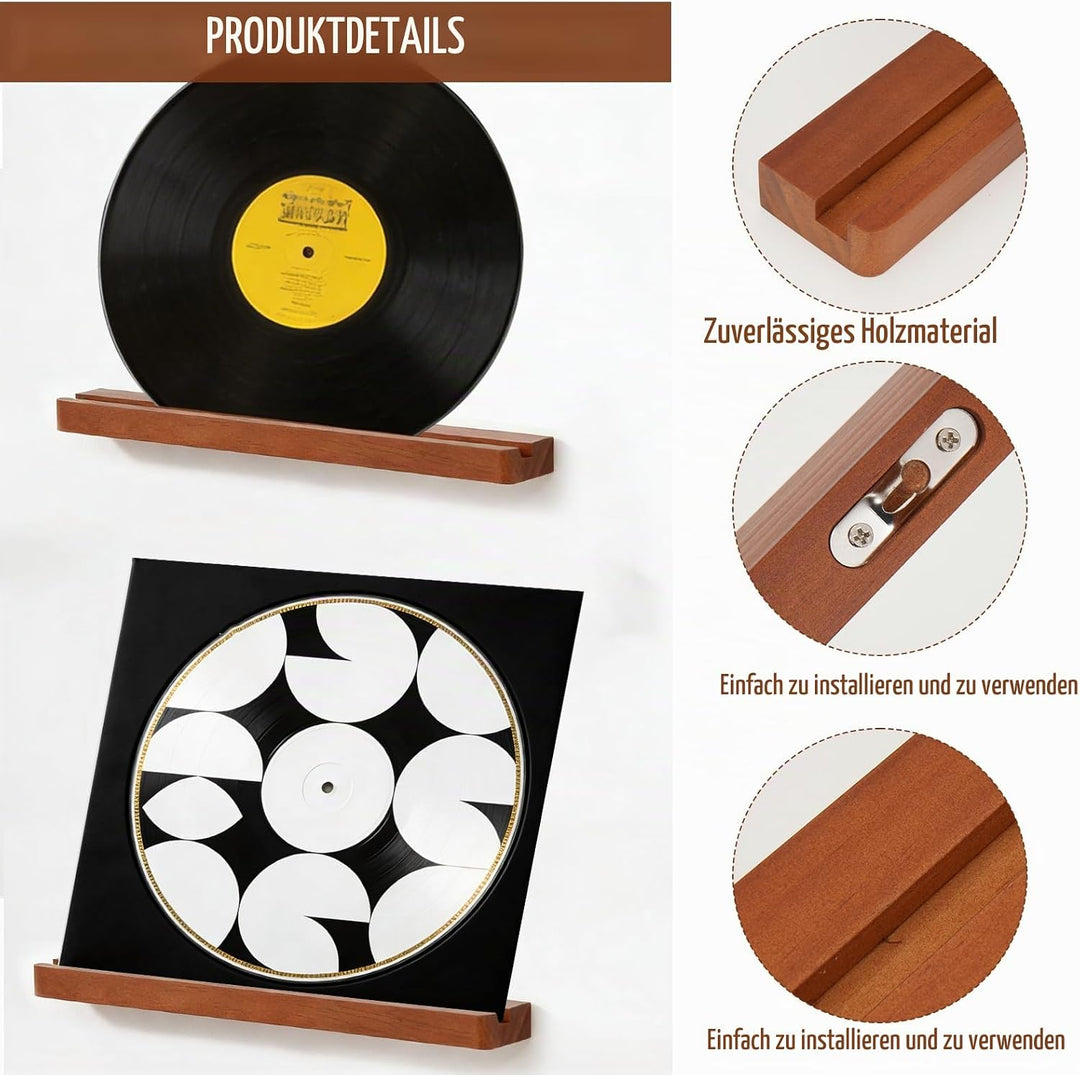 6 Stück Vinyl-Schallplattenregal Natur Holz Schallplatten-Wandhalterung schwebende Wandhalterung für