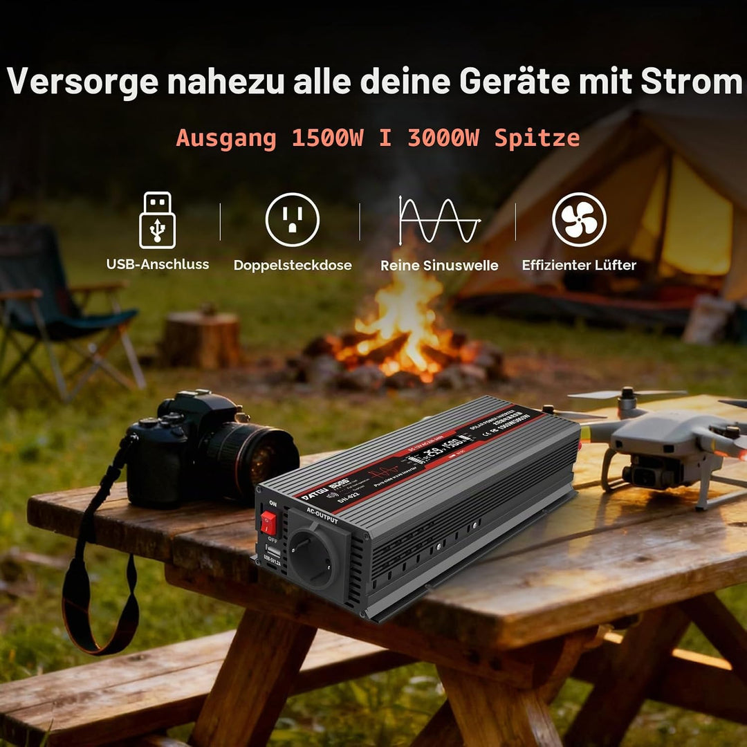 DATOUBOSS Wechselrichter 24v auf 230v Reiner Sinus 1500W/3000W Spannungswandler mit LCD-Display,USB