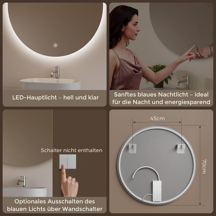 S'AFIELINA Badspiegel mit Beleuchtung Rund 70cm Durchmesser LED Badspiegel mit Touchschalter Dimmbar