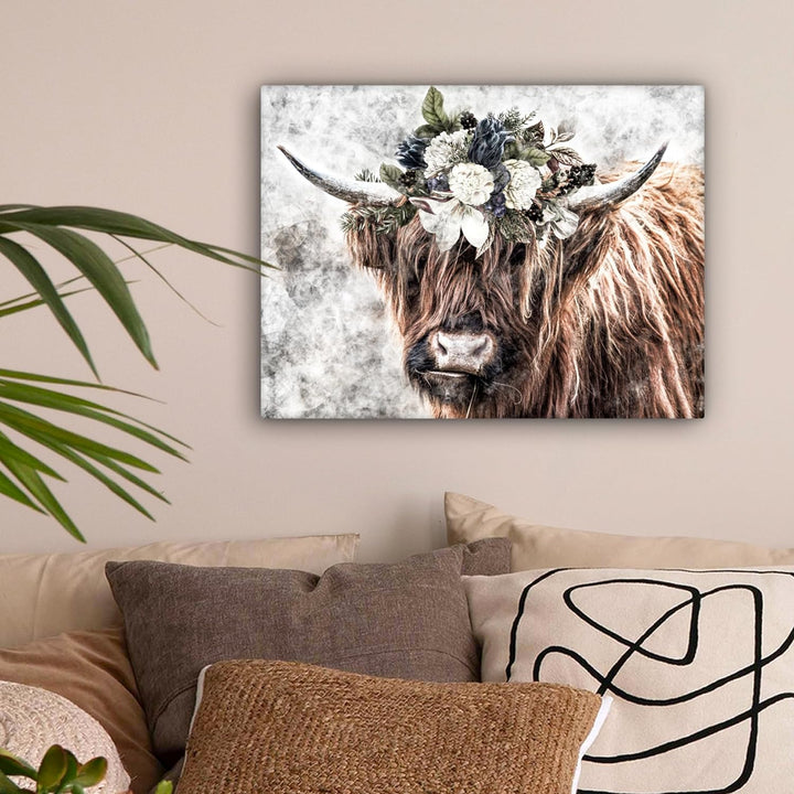 MuchoWow Leinwand Bilder, Einzigartige Wanddeko mit Rahmen, Schottischer Hochländer - Rauch - Flora,