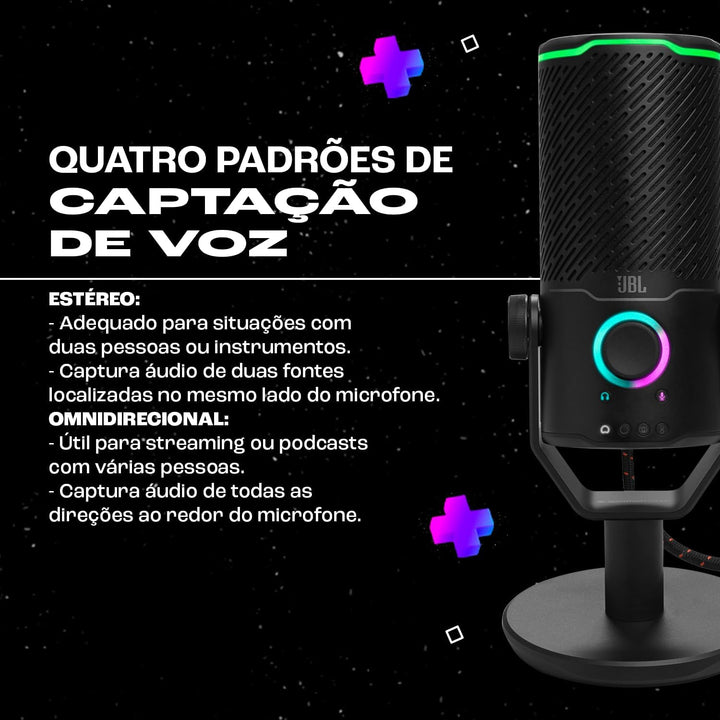 JBL Quantum Stream Studio – USB-Mikrofon mit dreifachem Kondensator und vier Aufnahmemustern für Str