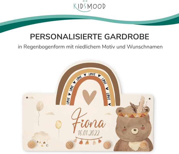 KIDSMOOD Personalisierte Wand-Garderobe mit Wunschnamen, Kleiderhaken aus Holz mit süssem Tier-Motiv
