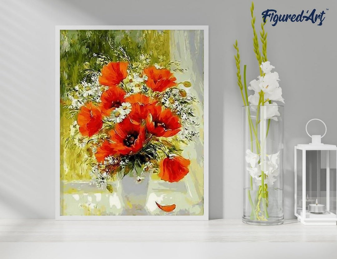 Figured'Art Malen Nach Zahlen Erwachsene Mit Rahmen Rote Blumen und Gänseblümchen - Paint by Numbers