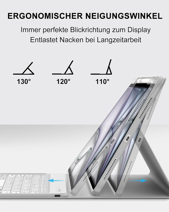 Hülle mit Tastatur für iPad Air 13" (2026 M4/2025 M3/2024 M2) & Pro 12.9" (2018-2022), Deutsches QWE